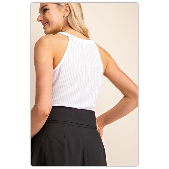White Ribbed High Neck Sleeveless Top - Picture 2 of 4